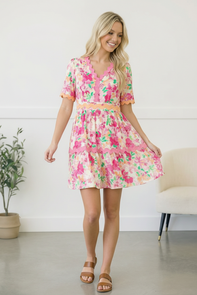 Floral Print Babydoll Dress with Side Pockets